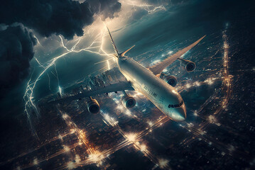 Plane flying during thunderstorm, lightning strikes passenger airplane, generative AI - obrazy, fototapety, plakaty