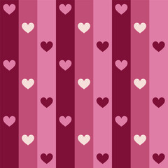 Hearts and doodle style vertical stripes seamless vector pattern. Violet, lilac, purple colors. Valentine day cute simple background. Hearts and uneven bars, streaks, parallel lines endless texture.