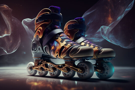 Futuristic rollerblade skates concept design isolated in a galaxy background 3d render made with generative ai