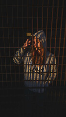 mujer con capucha o gorro tras una puerta de reja
