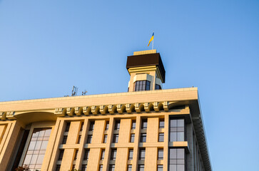 Trade Unions Building with clock tower after rebuild on main Independence Square in Kyiv Ukraine