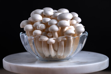 Fototapeta na wymiar Shimeji mushroom. Fresh uncooked bunapi white shimeji edible mushrooms from Asia, rich in umami tasting compounds such as guanylic and glutamic acid