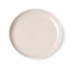 Empty beige ceramic plate isolated on white, top view
