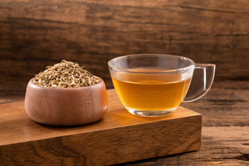 Herbal infusion fennel tea in glass cup and glass tea - Foeniculum vulgare