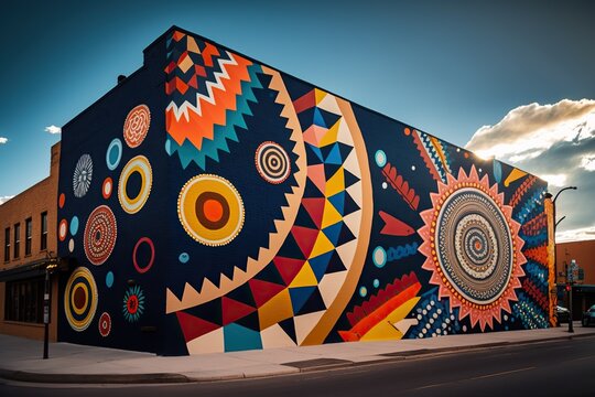 Colorful Mural On Side Of Building With Bold Patterns And Bright Colors, Concept Of Abstract Art And Street Art, Created With Generative AI Technology