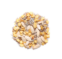 Pile of different vegetable seeds on white background, top view