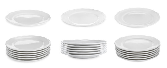 Collage of ceramic plates on white background