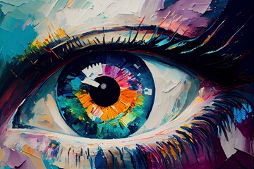 abstract eye closeup. Palette knife on colorful canvas in watercolor style. AI Generated