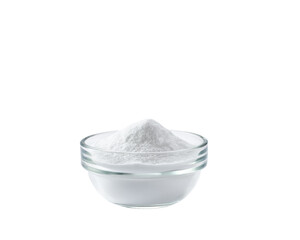 Glass bowl of baking soda isolated on white background. Glass bowl of sodium bicarbonate  isolated on white background.
