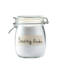 sodium bicarbonate in a glass storage jar isolated on white background.