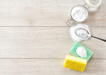 Eco friendly home care detergent with baking soda, eco friendly concept, top view.