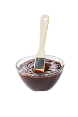 Barbecue sauce in a saucer with basting brush isolated on a white background. Bowl with barbecue...