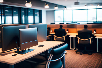 SALA GRANDE CON MUCHAS COMPUTADORAS Y GENTE TRABAJANDO, CONCEPTO DE OFICINAS Y AULAS DE COMPUTO