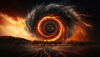 Big eye of fire swirl on horizon sky AI