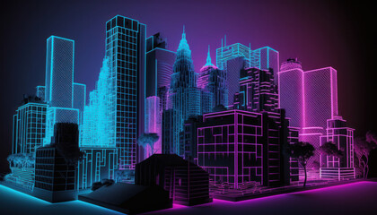 Neon Blue and Purple Wireframe Cityscape. Generative AI