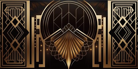 Abstract art deco. Great Gatsby 1920s geometric architecture background. Retro vintage black, gold, and silver roaring 20s texture.