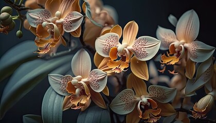 Close-up of orchid flowers blooming. Petals blossom on a branch in spring. Floral background wallpaper.