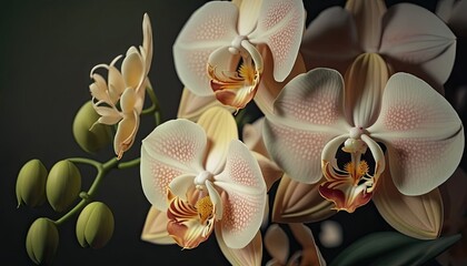 Close-up of orchid flowers blooming. Petals blossom on a branch in spring. Floral background...