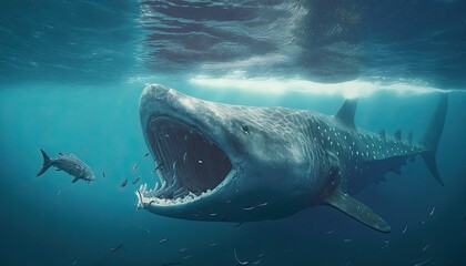 Naklejka premium Whale shark eating fish and feeding in the open ocean water. Underwater shot of open mouth swimming. Marine wildlife biology.