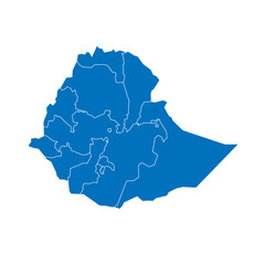 Ethiopia political map of administrative divisions - regions and chartered cities. Solid blue blank vector map with white borders.