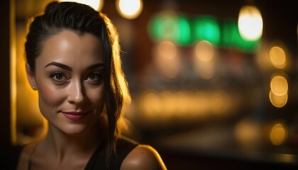 Fototapeta premium portrait of beautiful woman in bar with dim lighting shallow DOF and bokeh, generative ai