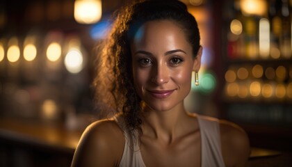 Fototapeta premium portrait of beautiful woman in bar with dim lighting shallow DOF and bokeh, generative ai