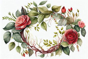 Frame in circle shape, decorated with roses and leaves in white background with watercolor style, beautiful art, inspiration for invitation, greeting card, photo frame, memo, note