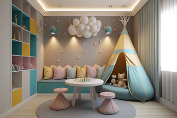 Interior design inspiration of playroom decorated with a set of table, chair, big blue and yellow tent in pastel color