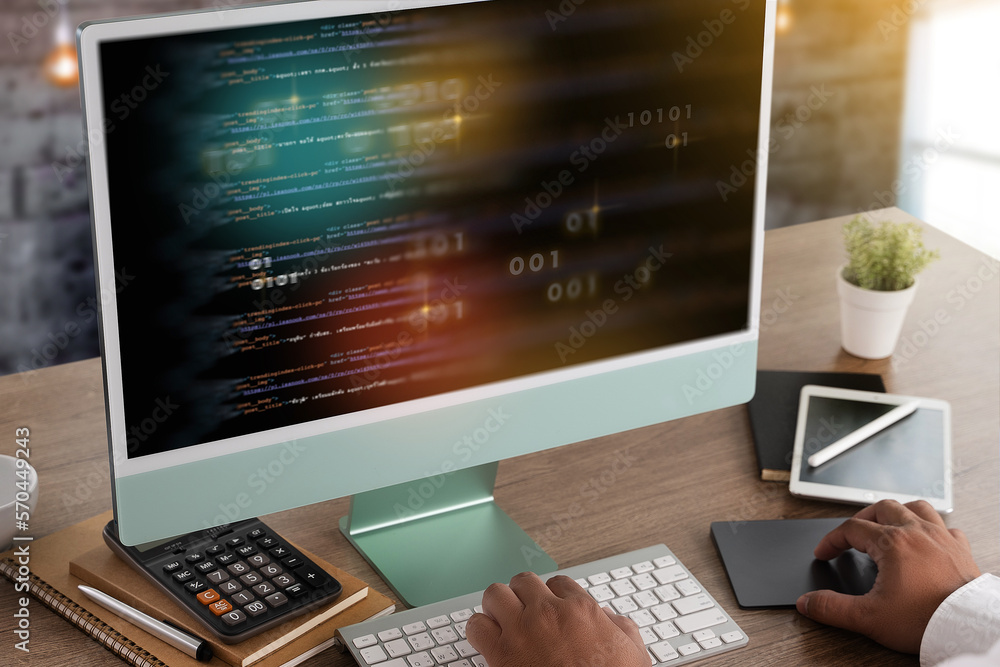 Poster software engineer working on a laptop website application development technology concepts 