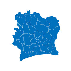 Ivory Coast political map of administrative divisions - regions and autonomous districts. Solid blue blank vector map with white borders.