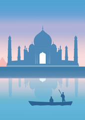 Minimalistic taj mahal vector design in purple color with a boat in still water in the front