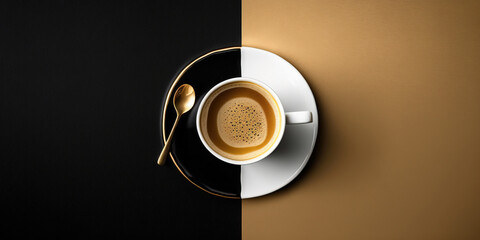 A cup of delicious coffee, on a symmetrical background of tan color, flat lay for designs. Ai generated