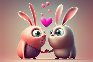 Pixar style of loving bunnies, for theme, background, wallpaper, backdrop, valentines day, chines new year