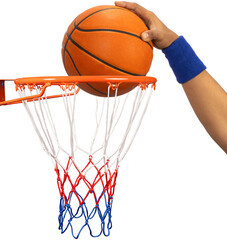 Basketball player dunking a Basketball ball in the hoop isolated on white background, With PNG file. © MERCURY studio