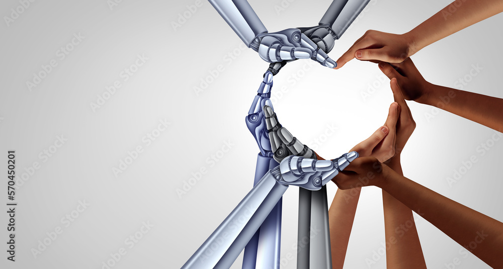Poster Unity and diversity partnership as heart hands in a group of diverse people and robots connected together as Cybernetics transhumanism or artificial intelligence or AI in