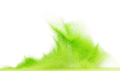 Small size green Sand flying explosion, vegetable sands grain wave explode. Abstract cloud fly. Green colored sand splash throwing in Air. White background Isolated high speed shutter, throwing freeze