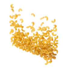 Macaroni flying explosion, yellow macaronis pasta float explode, abstract cloud fly. Curved...