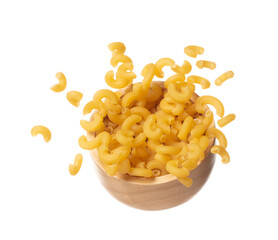 Macaroni fall on wooden bowl, yellow macaronis pasta float explode, abstract cloud fly. Curved...