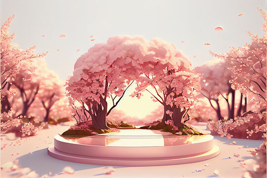 Circle Podium with Sakura Tree Illustration Created with Generative AI Technology