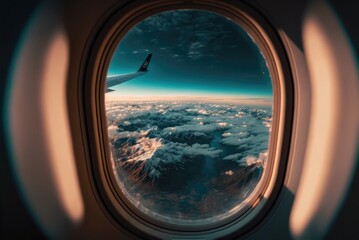 Fototapeta premium Charming aerial view of the sky from the airplane window during sunset and golden hour, on the way to vacation. AI generative