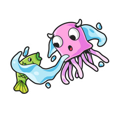 cartoon cute octopus and fish illustration. with a white background
