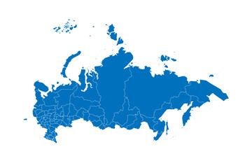 Russia political map of administrative divisions - oblasts, republics, autonomous okrugs, krais, autonomous oblast and 2 federal cities of Moscow and Saint Petersburg. Solid blue blank vector map with