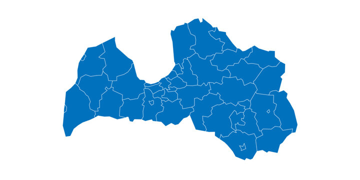 Latvia political map of administrative divisions - municipalities and cities. Solid blue blank vector map with white borders.