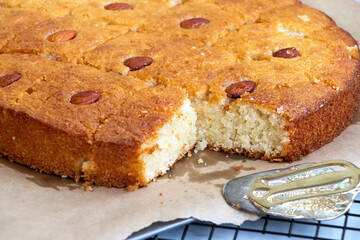 Basbousa or namoora traditional arabic semolina cake with cashew nuts and syrup. Selective focus.