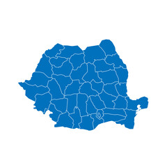 Romania political map of administrative divisions - counties and autonomous municipality of Bucharest. Solid blue blank vector map with white borders.