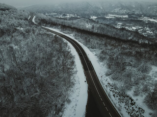 Drone shots on road and the village from above top view