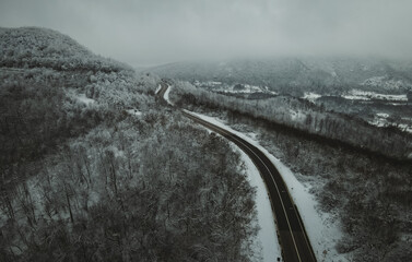 Drone shots on road and the village from above top view