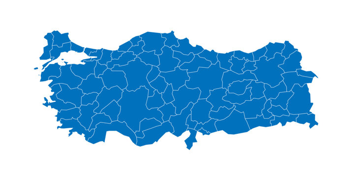 Turkey political map of administrative divisions - provinces. Solid blue blank vector map with white borders.
