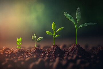close up of tiny green seedlings sprouting in the ground forming a graph with different stages of growth, Generative AI - 570453648