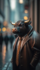 Naklejka na ściany i meble a bull dressed in a business suit on wall street, Generative AI